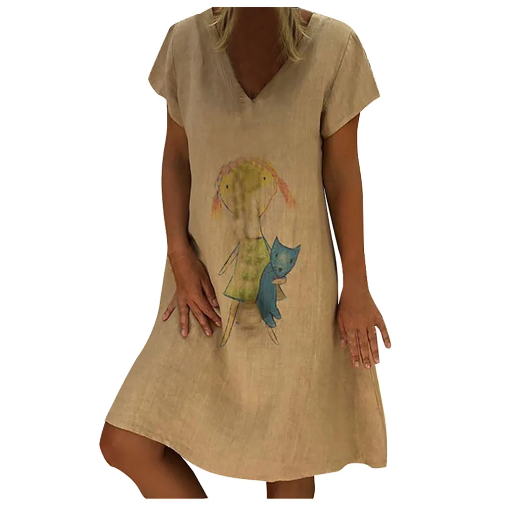 

JAYCOSIN Fashion Women Animal Printed V-Neck Short Sleeve Casual Dress Striped plus size Summer Linen Princess Dress hot June 12