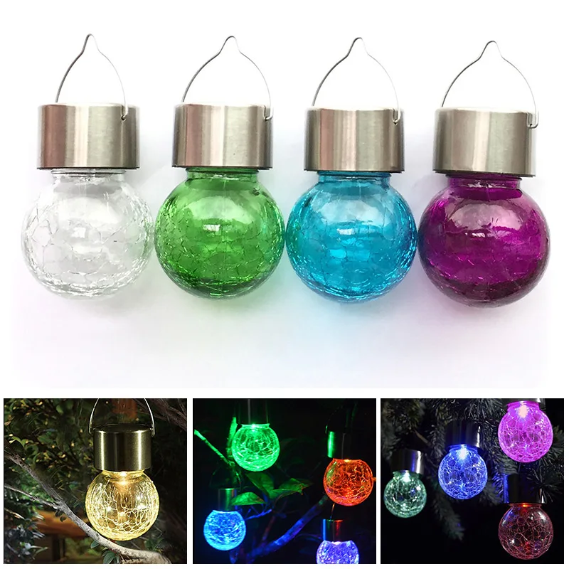 3Pcs Color Changing Solar LED Lights Flame Shaped Crackle Glass Outdoor Garden