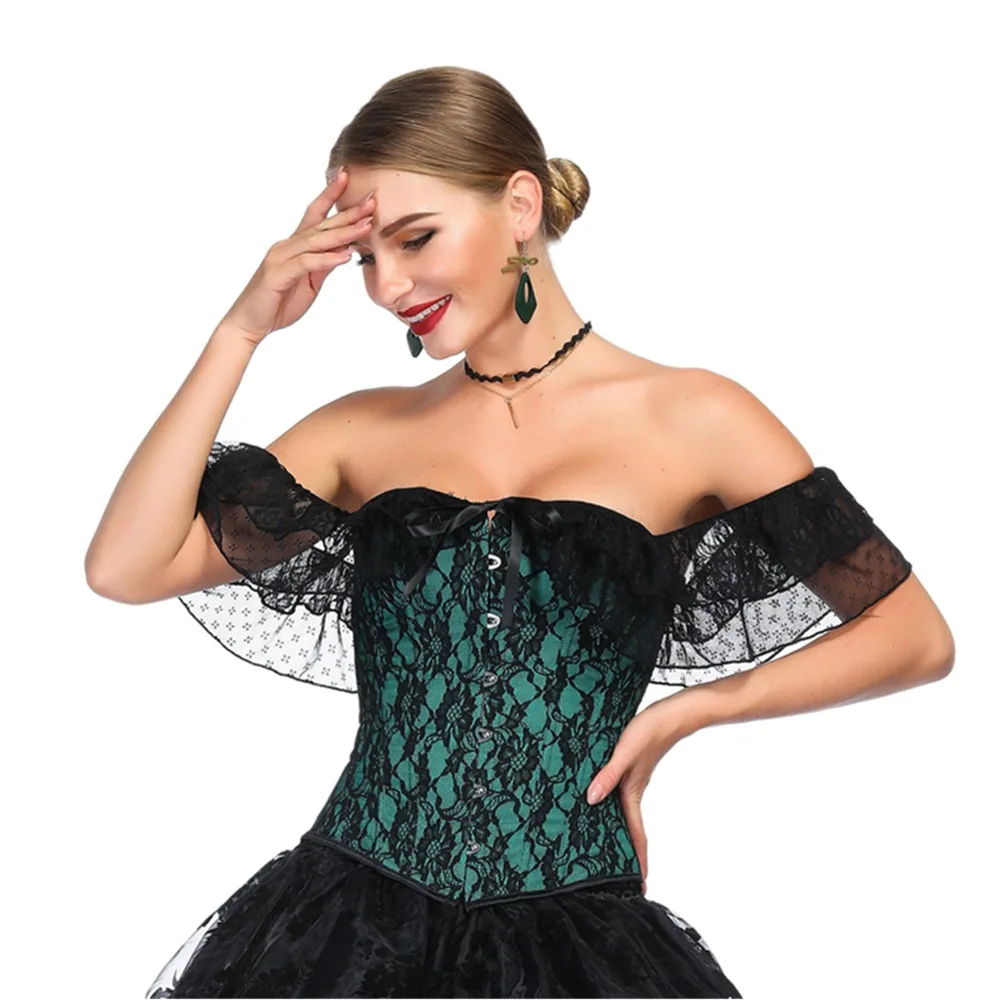

Women's Sexy Victorian Gothic Satin Off Shoulder Floral Lace Waist Trainer Cincher Plastic Boned Overbust Corset