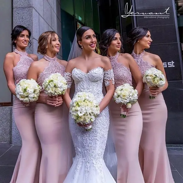 

Robe demoiselle d'honneur Mermaid Pink Lace Bridemaid Dresses 2019 Halter Sexy Backless Appliques Formal Party Gowns