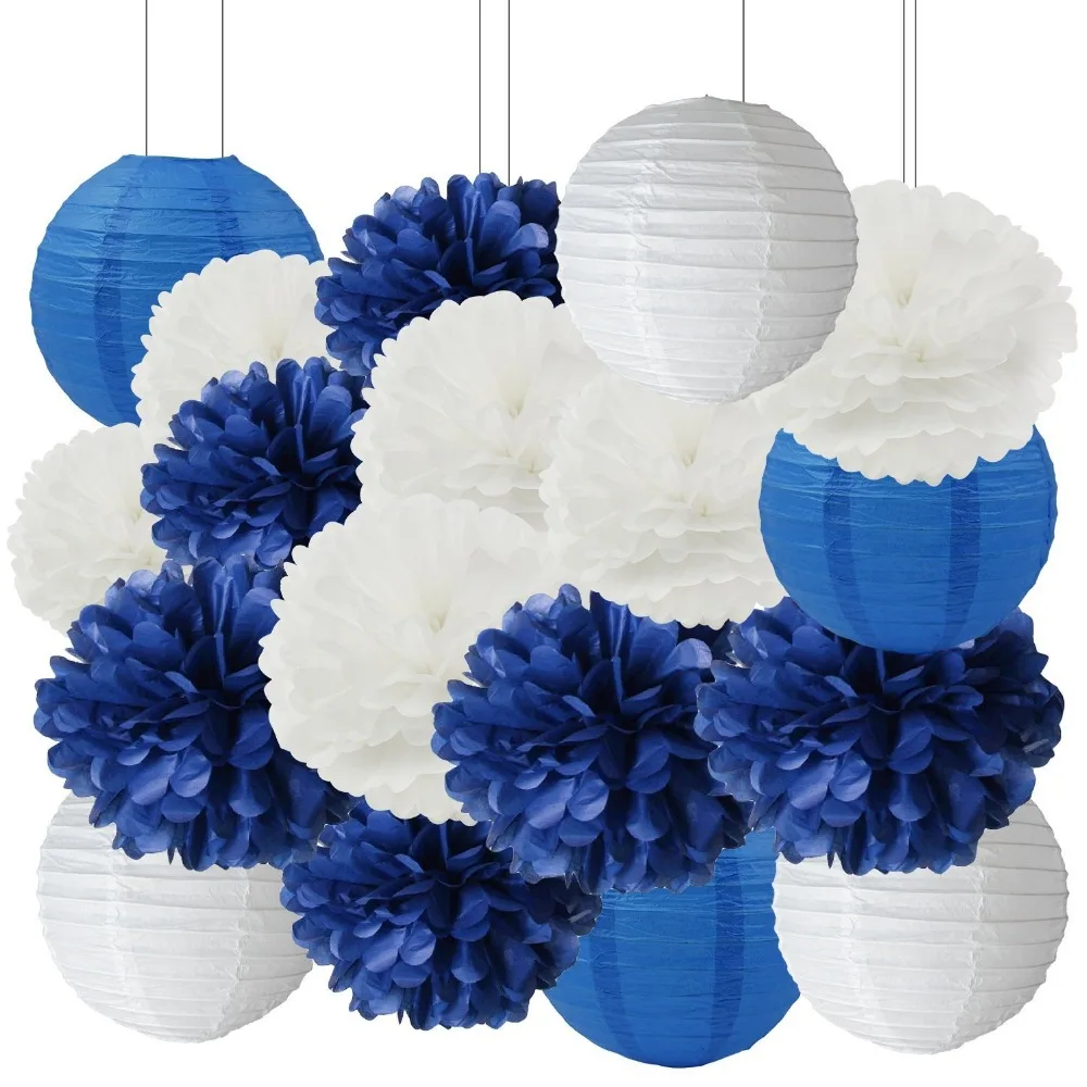 18pcs Navy Blue White Mixed Tissue Pom Poms Paper Lantern Boy Baby