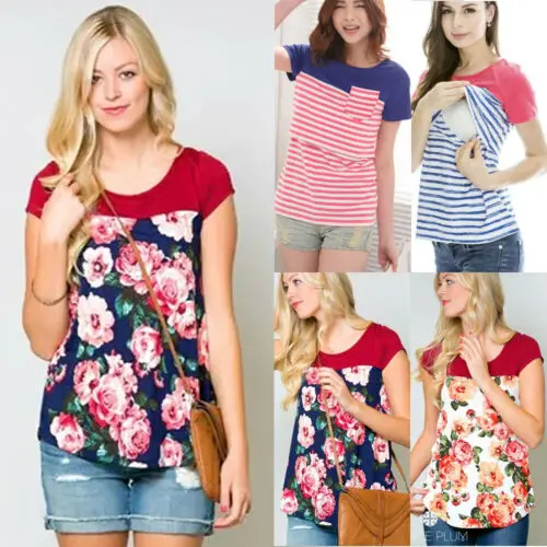 

Women Pregnant Maternity Clothes Short Sleeve Nursing Top Floral Breastfeeding T-Shirt