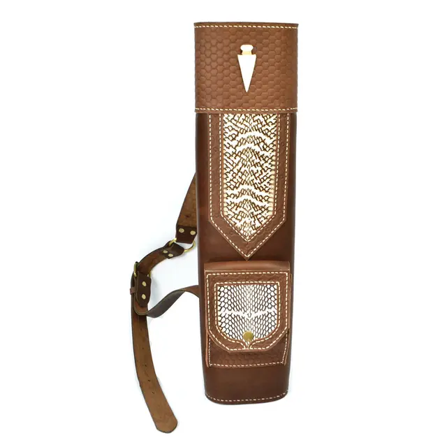 Cheap New Hand Crafted Single/three point shoulder back type snakeskin Leather Archery Quiver Bag Brown holding for Hunting arrows