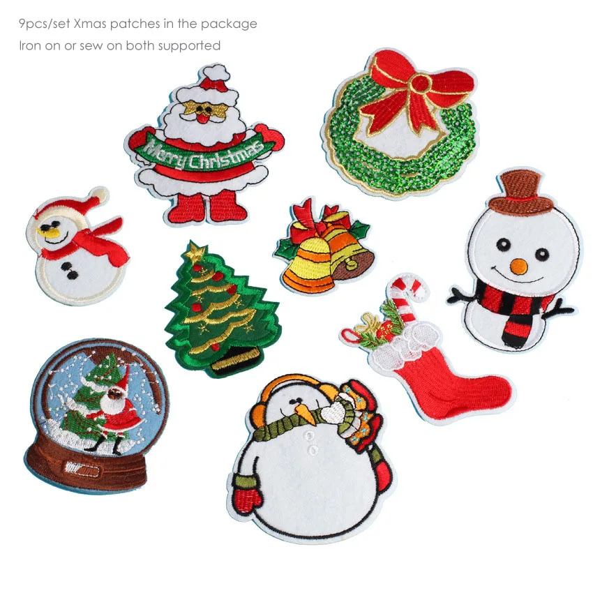 

9pcs/set Xmas Iron on Patches for Clothes Jean Jackets Embroidery Patch Stickers Clothing Applique Decoration Fabrics Badge