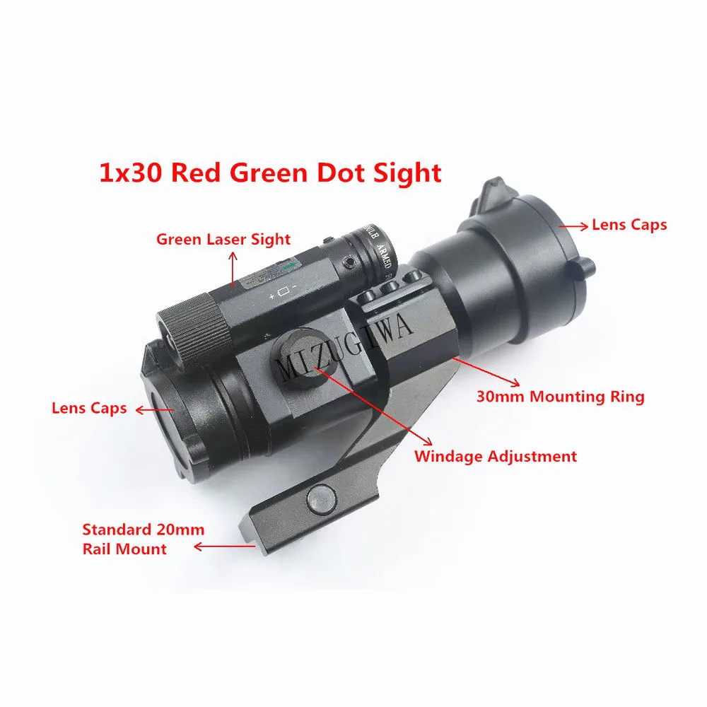 

Tactical 1x30 Red Green Dot Sight Optical Scope with Green Laser Sight 20mm Mount Rail Ring for Hunting Riflescope Rifle Gun