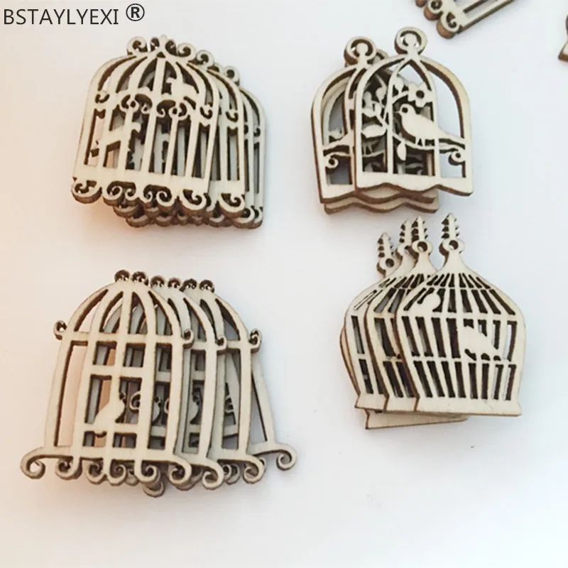 

100pcs new Styles big Wood Birdcage Shapes Chic Wooden Embellishment Scrapbooking Craft DIY Wind Chimes Wedding Home Decorations