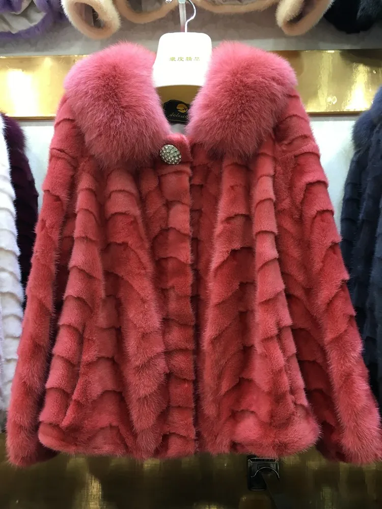 

2018 Luxury Lady Genuine Nature piece Mink Fur Jacket with Fox Fur collar full sleeve Winter Women Fur Outerwear Coats Overcoat