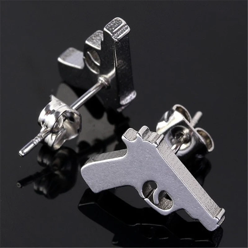 JOVIVI Hot Punk Cool Gun Men Earrings Women Stainless Steel Pistol Earring Mens Ear Studs Unisex