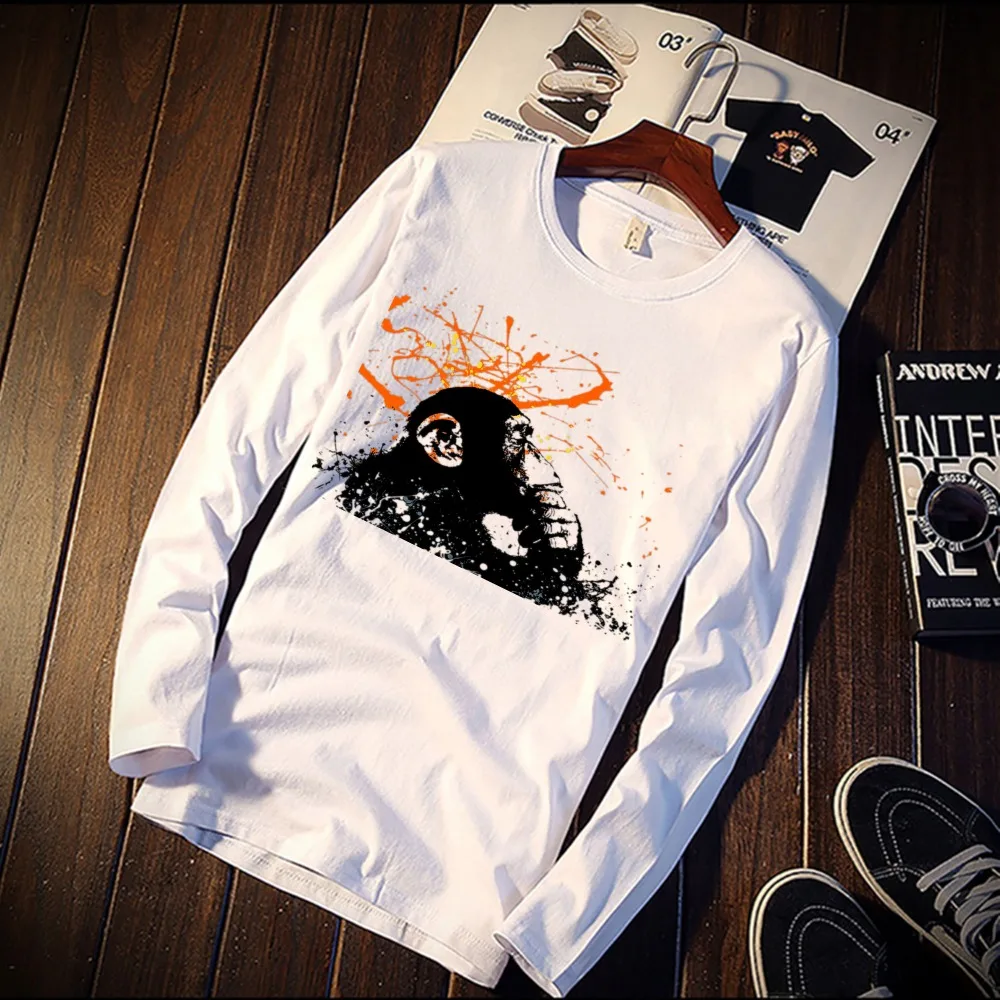 

2018 Pure Cotton TShirt Funny Monkey Like Human Art Printed Long Sleeve Fashion Casual Tops & Tees Brand Unisex Clothing