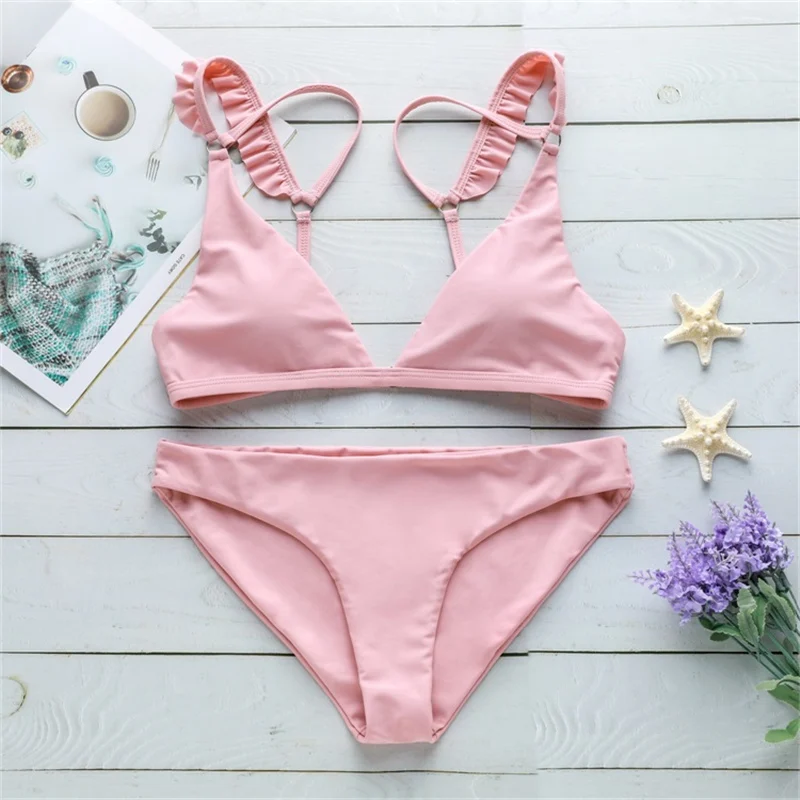 

Solid Bikini Ruched Shoulder Swimsuit Push Up Swimwear Buckled Pink Color V Neck Sexy Micro Bikinis Set Two Piece Bathing Suits