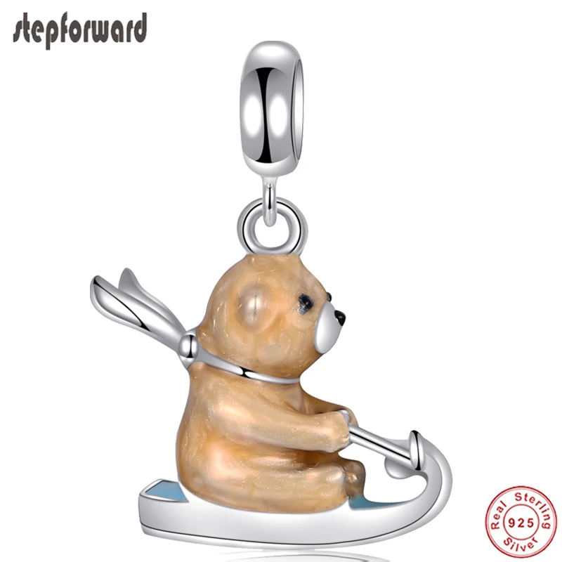 

STEP FORWARD 925 Sterling Silver Skiing Bear Hanging Charms For Women Fit Bracelet Necklace Pendants Popular Happy Bear As Gift