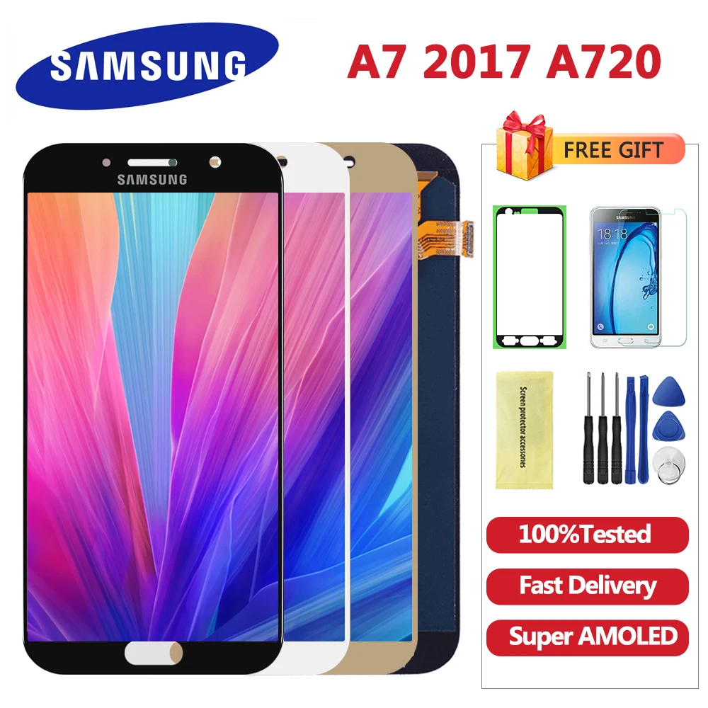 5,7 ''Супер AMOLED дисплей для Samsung Galaxy A7 A720 A720F A720M lcd s кодирующий преобразователь сенсорного экрана в сборе Замена ЖК-дисплея