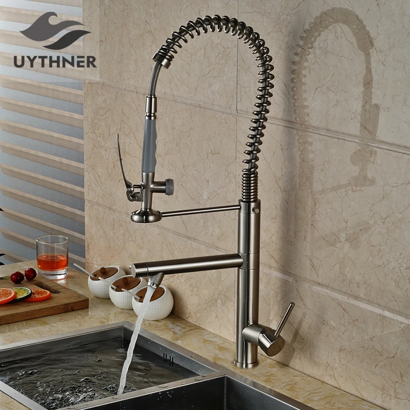 Solid Brass Tall Swivel Dual Spouts Spring Kitchen Faucet Mixer Tap Brush Nickle Deck Mounted | Обустройство дома