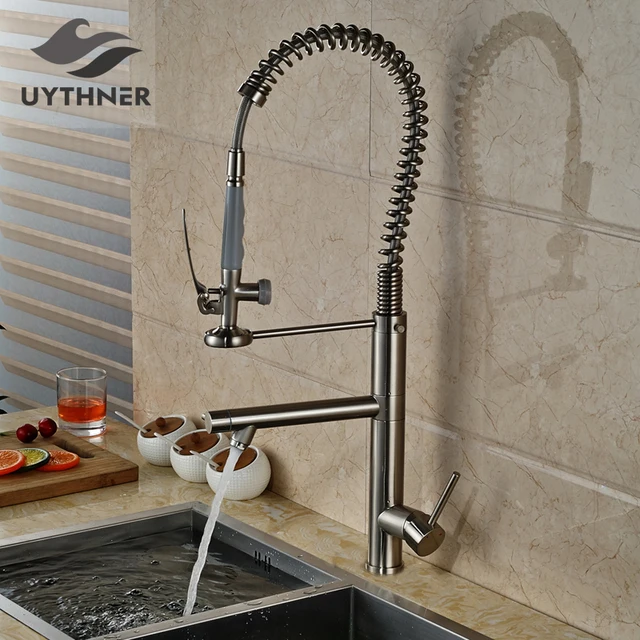 Best Offers Solid Brass Tall Swivel Dual Spouts Spring Kitchen Faucet Spring Mixer Tap Brush Nickle Deck Mounted