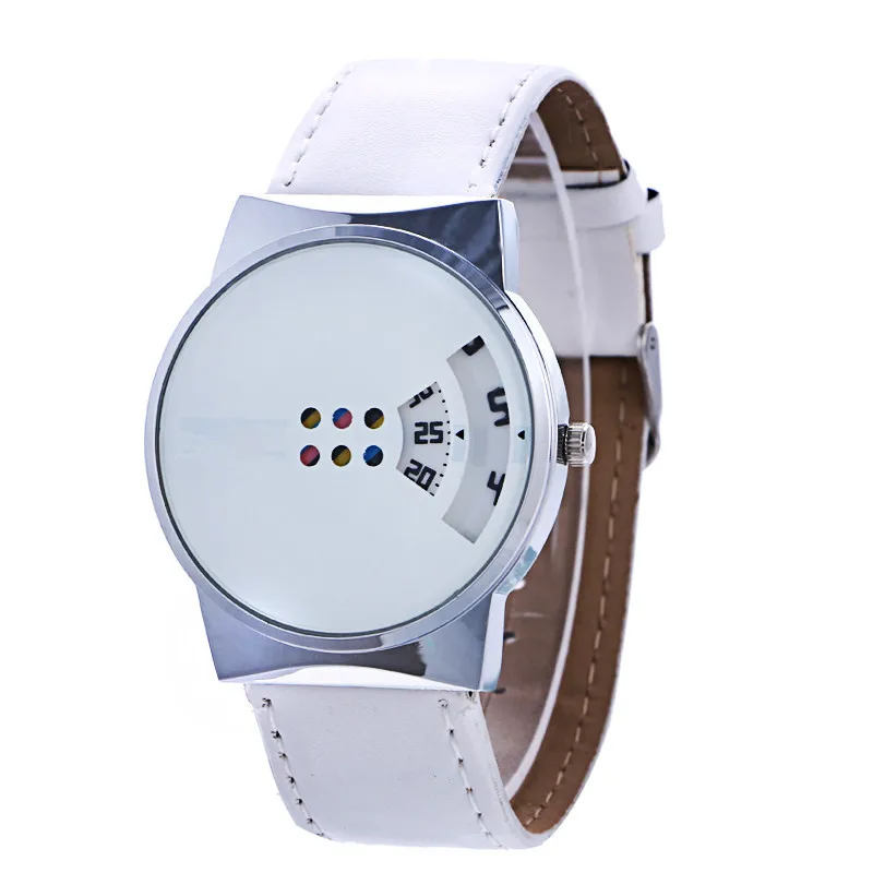 

Fashion Creative Design Wristwatch For Men Women Watch Concept Brief Simple Special Digital Discs Hands Leather Quartz Watches