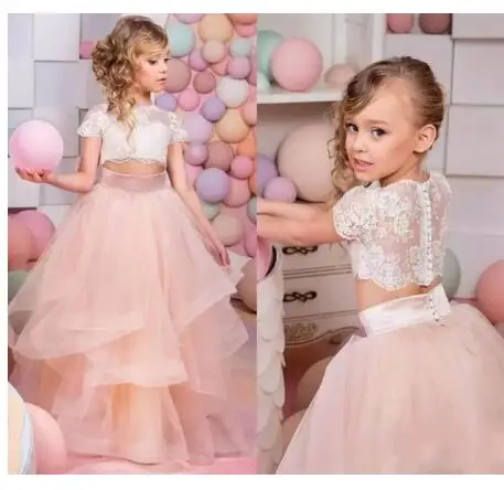 

Two Pieces New Puffy Flower Girl Dresses for Wedding Ball Gown Girls Pageant Gown Lace Kids size 4 6 8 10 12 14 16Year