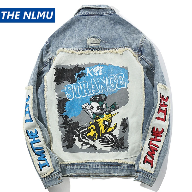 

Denim Jacket Men Hole Distressed Jeans Coat Hip Hop Patch Jacket Streetwear Outerwear 2019 Spring Autumn Tops for Male WB56