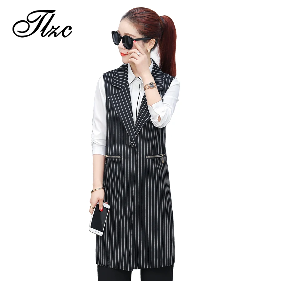 TLZC Fashion Women Long Stripe Vests Black Size S XXL