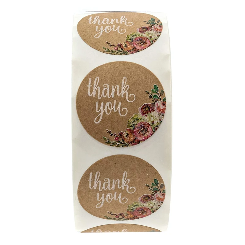 Kraft Floral Thank You Stickers- 1 inch Circle Labels / 500 Per Pack