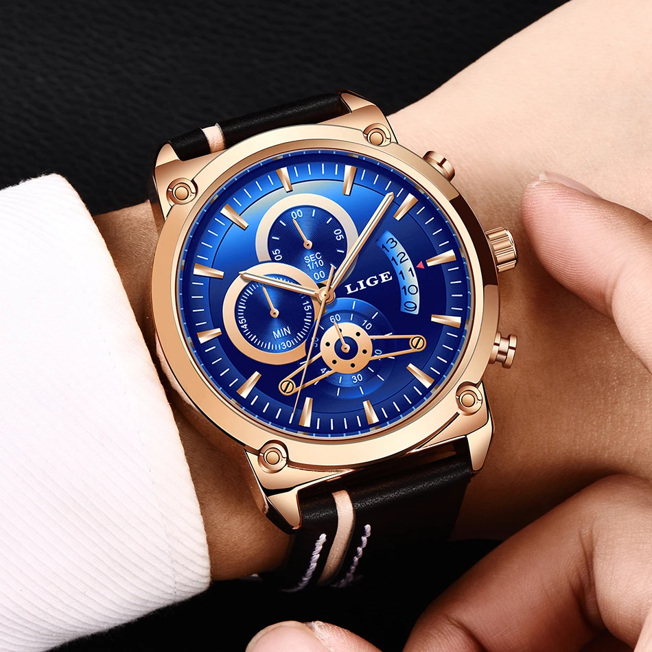 Reloj Hombre LIGE новые мужские синие золотые мужские наручные часы повседневные кожаные аналоговые кварцевые часы для мужчин Военный Спортивный Хронограф