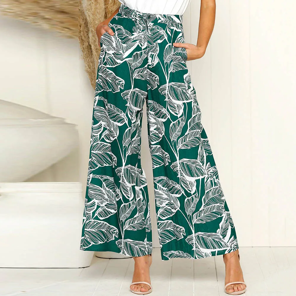 

Summer 2019 Casual Pants Women Boho Fashion Leaves Print Green Beach Loose Trousers Red Street Travel Goth Black Wide Leg Pants