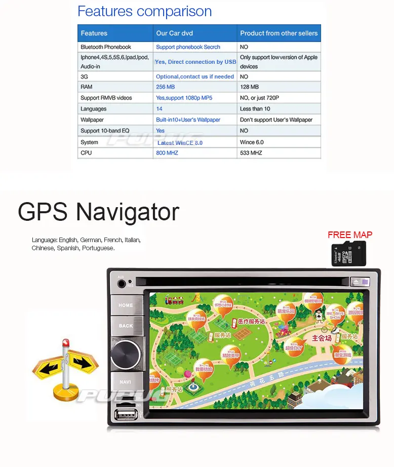Flash Deal Video FM AM Navigator Map Audio Auto Car DVD Player GPS Stereo Movie Steering Wheel Touchscreen CAM Autoradio Radio 1
