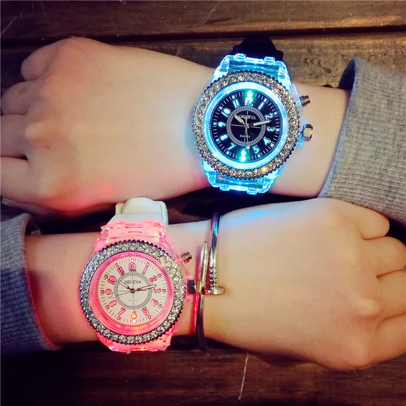 

New led light geneva diamond stone crystal watch unisex silicone jelly candy watch fashion flash up backlight watches