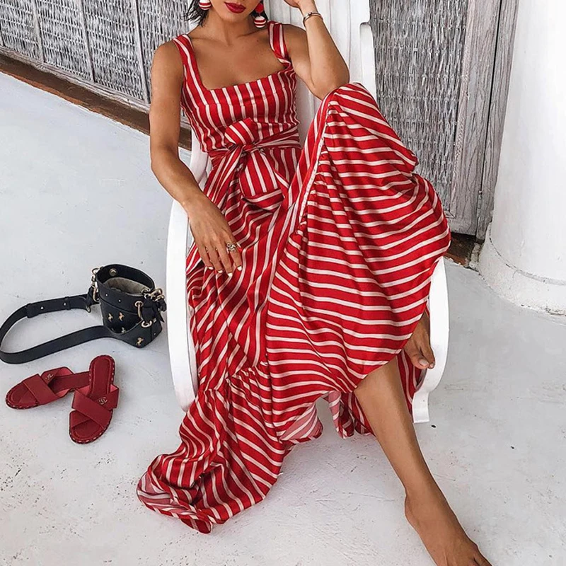 

Vintage female striped Belt dress Summer red sleeveless sashes plus size beach dress Holiday long maxi dress for women 2019