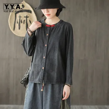

Spring Folk Vintage Literary Buckle Womens Denim Shirts Long Sleeve O-Neck Single Breasted Loose Streetwear Female Blouse