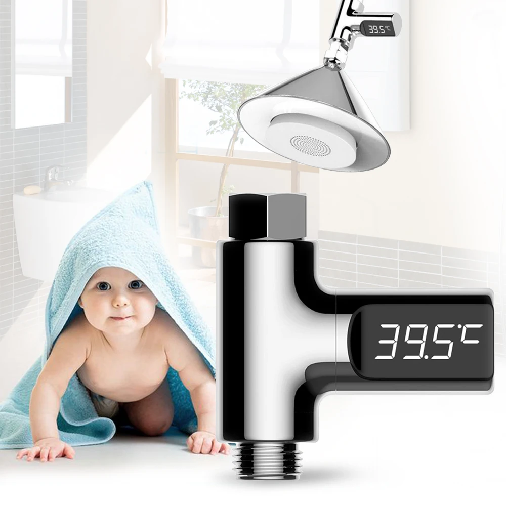 

LED Display Home Water Temperature Monitor 5~85 Deg.C Flow Self-Generating Electricity Water Shower Thermometer for Baby Care