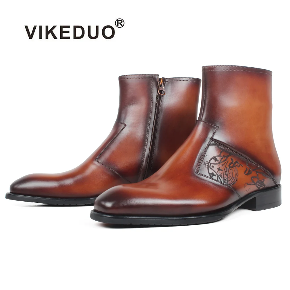 

VIKEDUO Boots Men Genuine Cow Leather Engraving Brown Mans Footwear Custom Made Patina Square Toe Winter Autumn Zapato de Hombre
