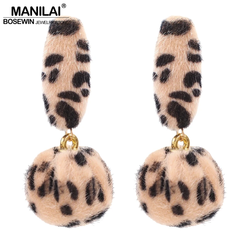 

MANILAI Fashion Horse Hair Leopard Earrings Women Ball Dangle Earring Statement Jewelry Korea Earrings