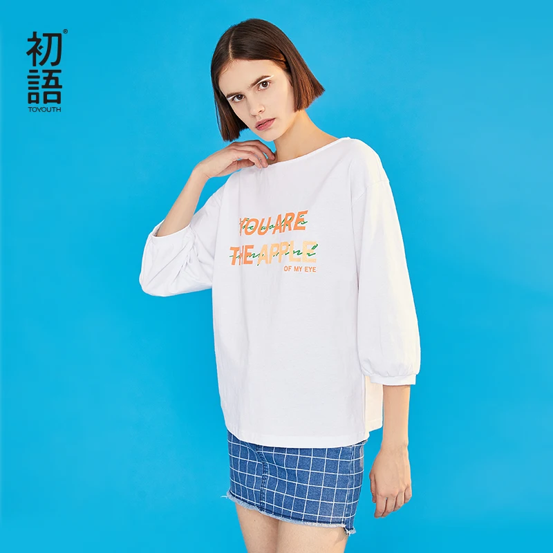 

Toyouth 2019 Women Spring T-shirt Casual Round Neck Letter Print Female Three Quarter Sleeve Loose Cotton Tops
