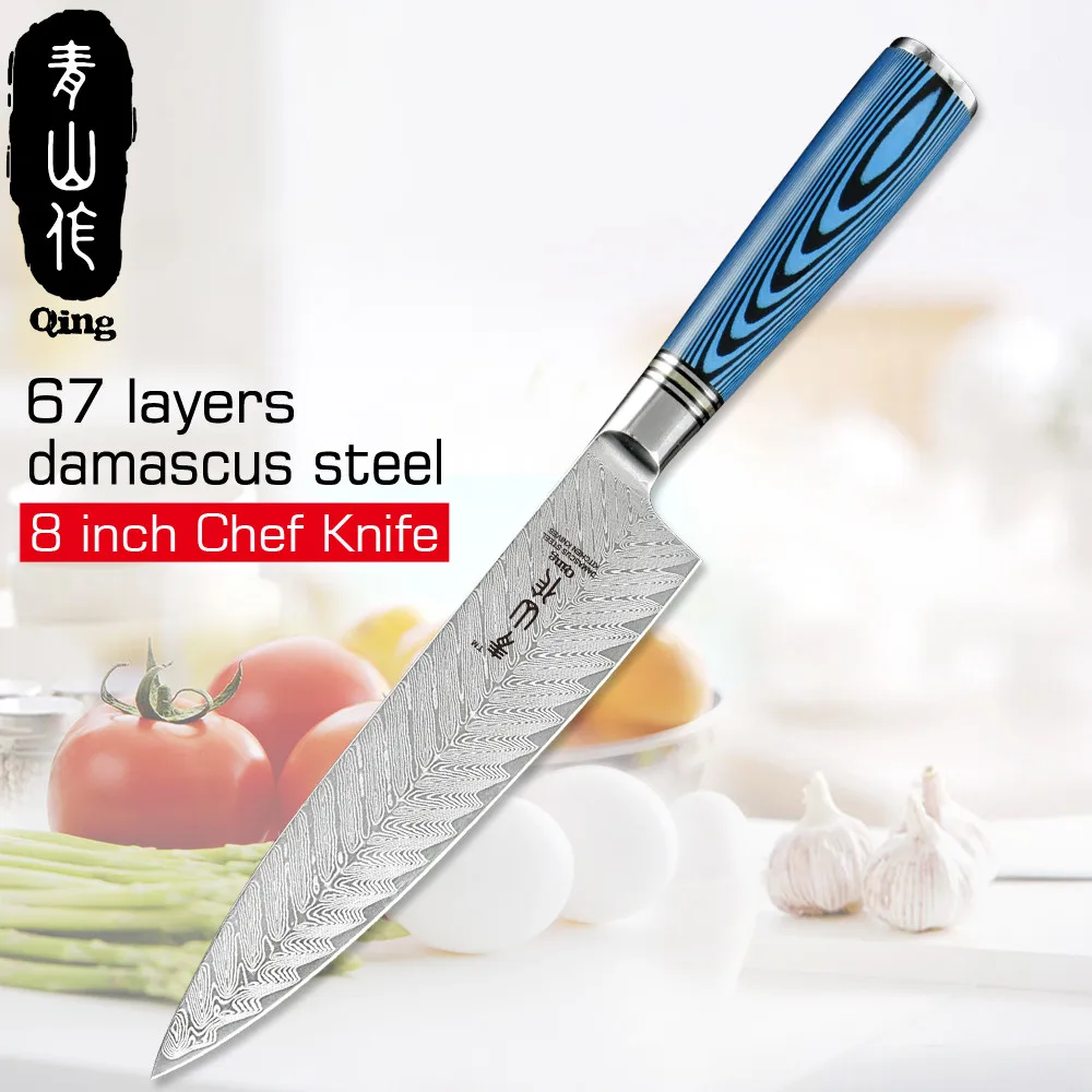 

QING Damascus Steel Kitchen Knife Japanese VG10 Great Design 8 inch Chef Knife Excellent Quality for Fruit Vegetable Meat Fish