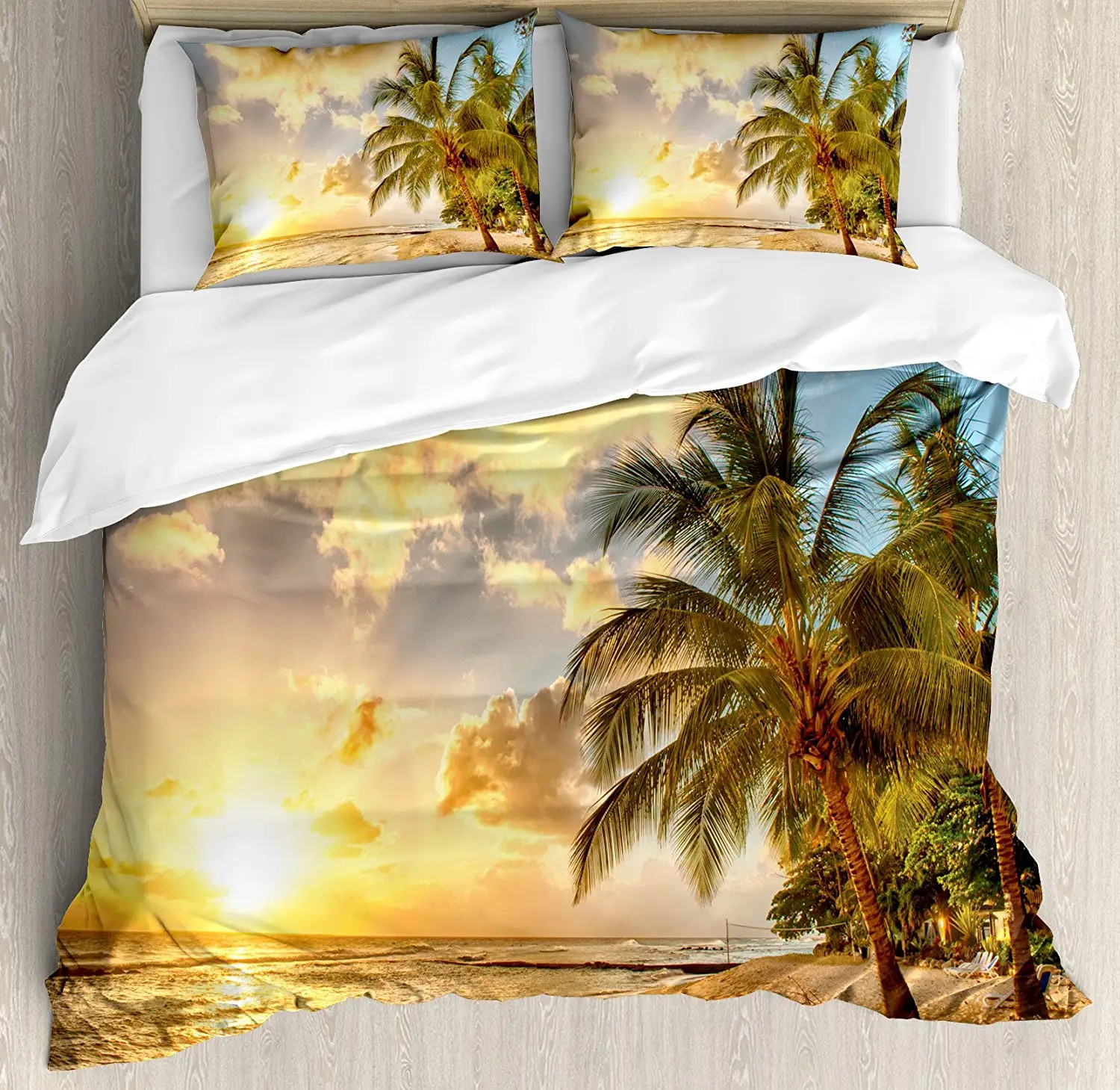 

Scenery Decor Duvet Cover Set Sandy Beach Horizon Sunset Coconut Palm Trees Summer Bedding Set Queen/Full Cream Blue