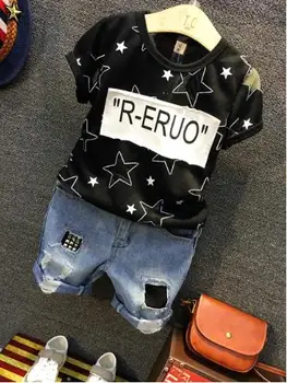 

Kids Boys Geometry Tops T-shirt+Ripped Jeans Shorts 2 Pcs Boys Sports Suit 2-6 years New Summer Boys Clothing Sets