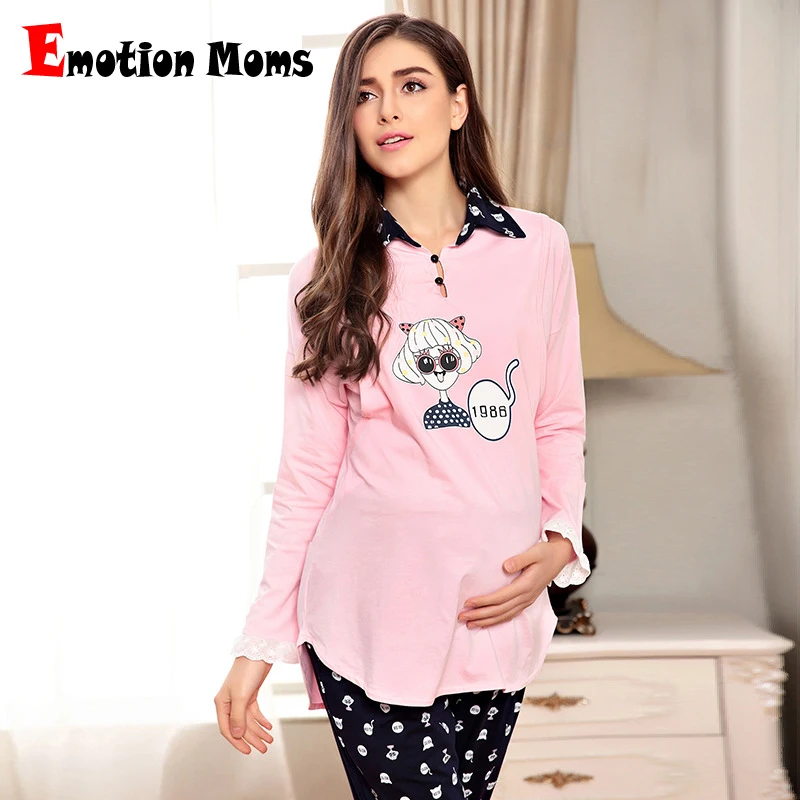 Emotion Moms Long sleeve Maternity Pajamas set Nursing Clothes Breastfeeding Sleepwear for Pregnant Women Maternity nightgown maternity breastfeeding clothes cotton sleepwear nursing pajamas suit pregnanci long sleeve for pregnant women clothes 70m0218