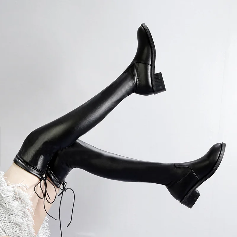 

2018winter new women's shoes comfortable lace-up elastic long boots simple Casual wild solid color knee boots plus velvet boots.