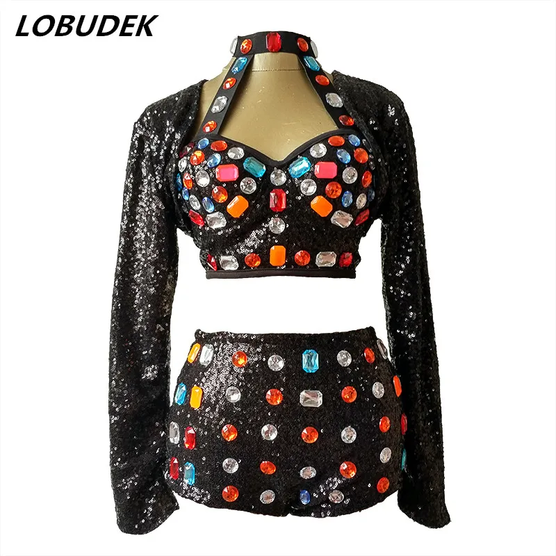 

Black Sequins Sparkling Rhinestones Ladies Costumes Nightclub DJ singer Jazz Dance teams performance Crystal sexy 3 piece sets