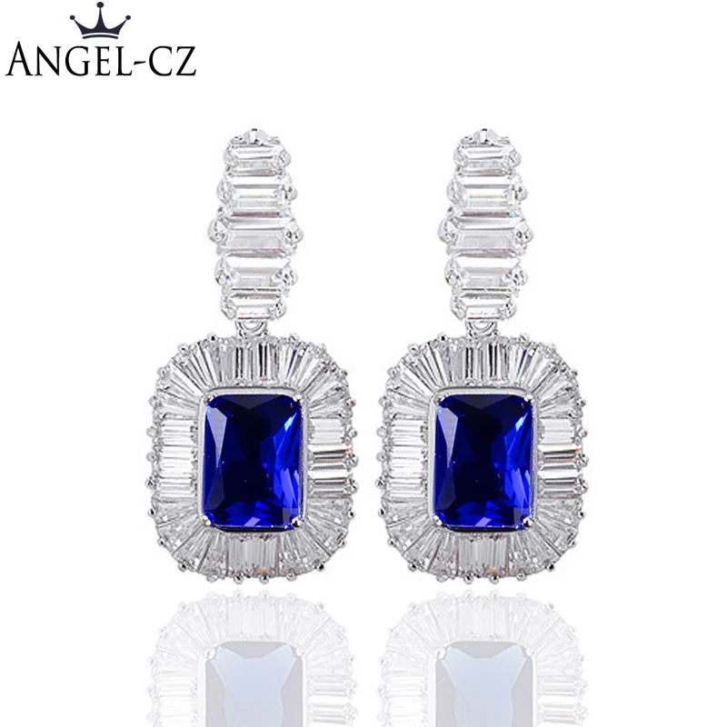 

ANGELCZ Luxury Dark Blue Cubic Zircon Crystal Bridal Big Drop Earrings For Women Elegant Royal Wedding Accessories Jewelry AE182