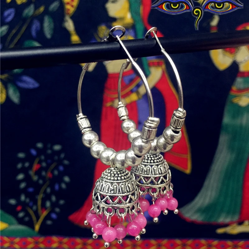 

Original India Arabia handmade Ancient Silver Birdcage Earrings BOHO Wind Pink Beads Circle DIY Big Earrings Sweet Retro Jewelry