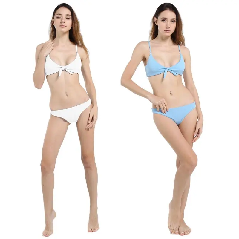 

Women Sexy Two Piece Bikini Set Solid Sweet Candy Color Swimsuit Deep Scoop Neck Rabbit Ears Bowknot Bra Thread Vertical Stripes