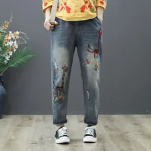 QPFJQD винтажные женские джинсы с вышивкой весна осень эластичный пояс Повседневная Уличная одежда женские джинсовые штаны джинсы размера плюс Xl