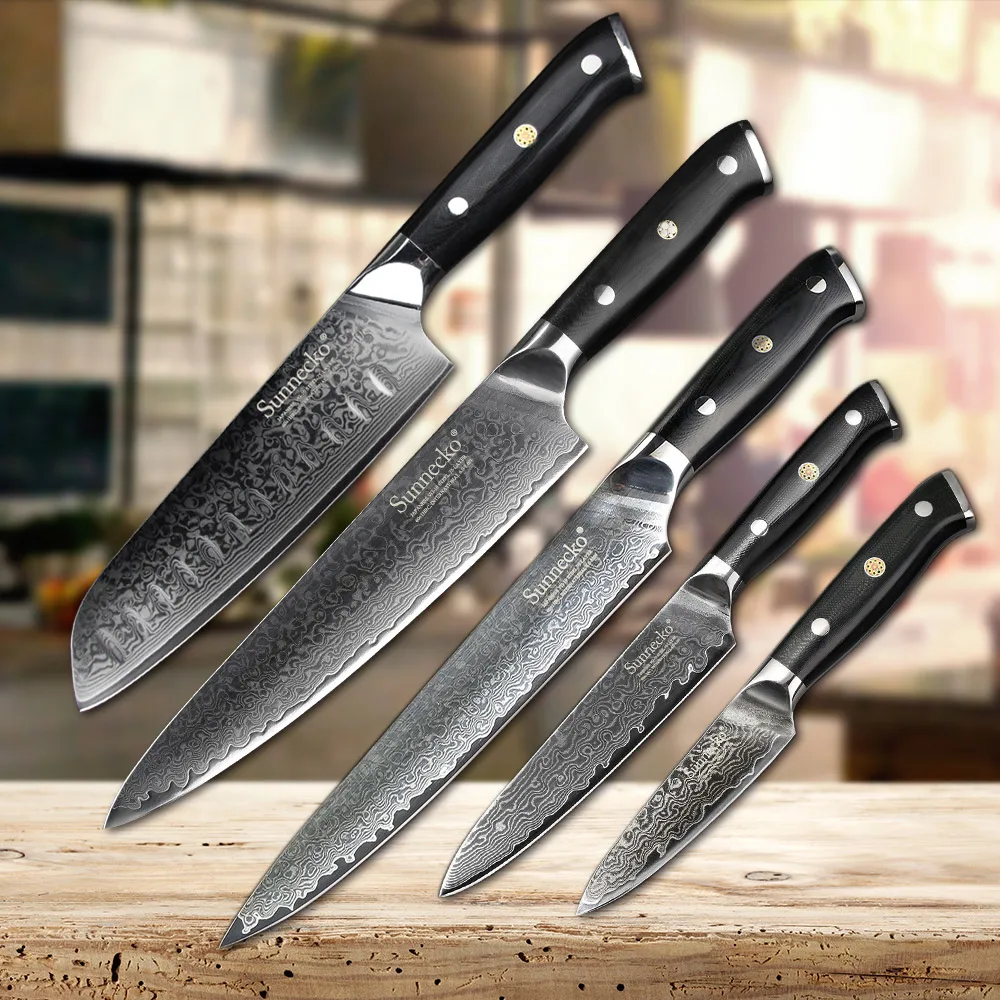  SUNNECKO 5PCS Kitchen Knife Set Japanese VG10 Damascus Steel Slicer Chef Paring Utility Santoku Kin - 32824986211