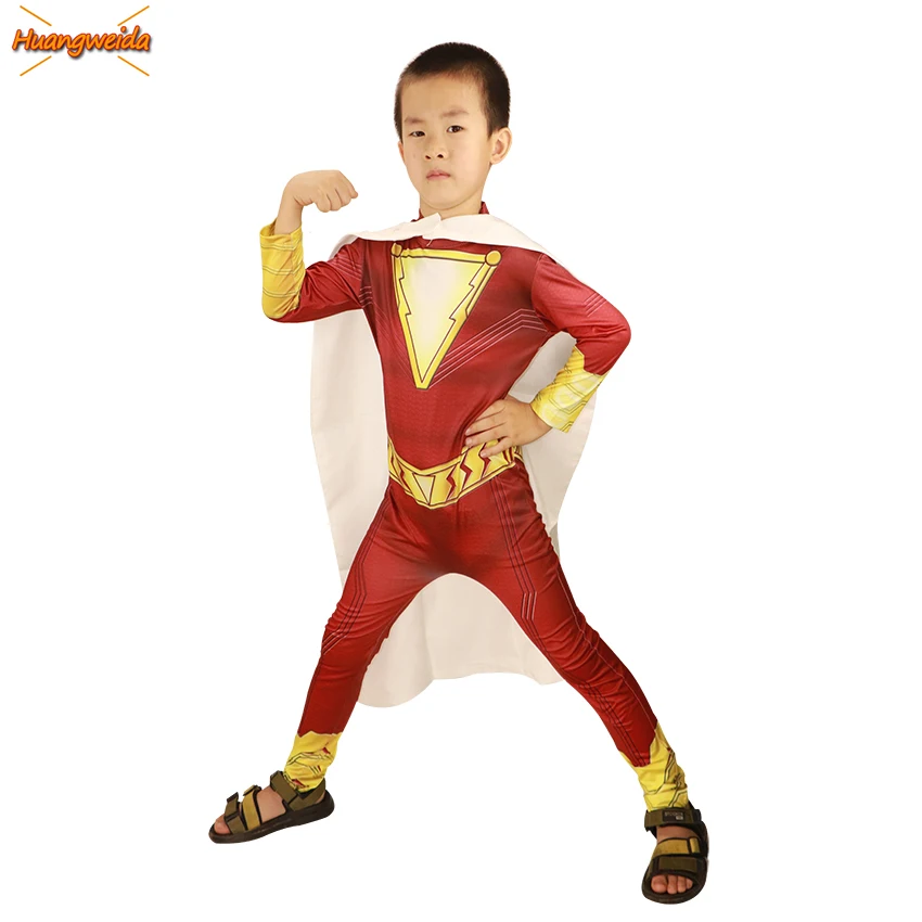 

2019 Movie Shazam Costumes kids Halloween Costume Zentai Billy Batson Superhero Cosplay Costume Boys Bodysuit Zentai Fancy Dress