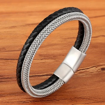 

TYO Stainless Steel Wire Cable Magnetic Clasp Double Layered Bracelet Braided Genuine Leather Chain Bracelet Mens Women Jewelry