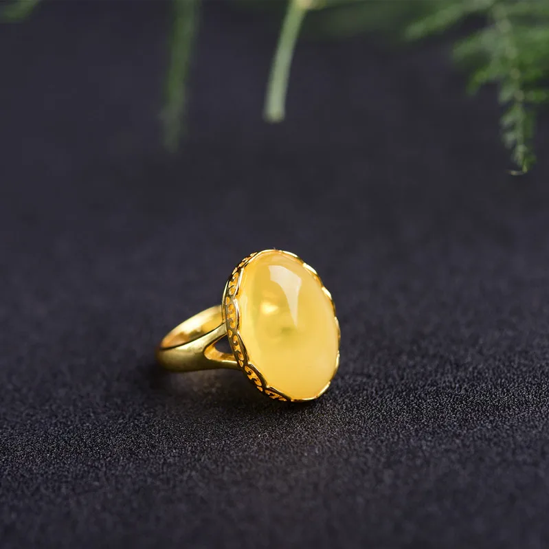 

Chicken oil beeswax yellow rose gold silver ring full of Honey Amber Stone 925 silver women alive.