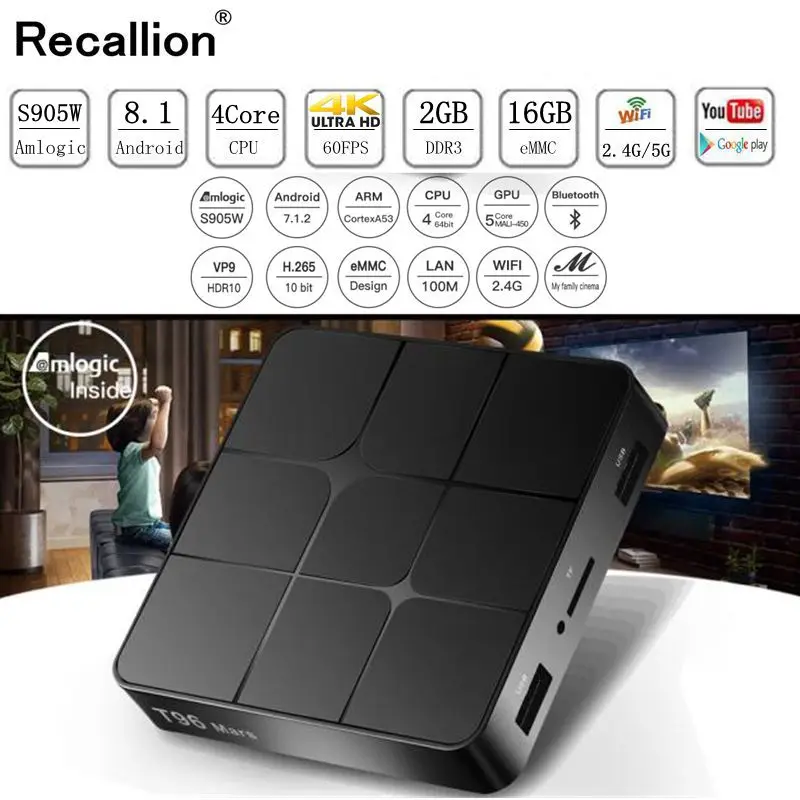 

RECALLION T96mini Android TV BOX T96MAX Android 8.1 Smart TV Box 2GB 16GB Amlogic S905W Quad Core 2.4GHz WiFi Set top box 1GB8GB