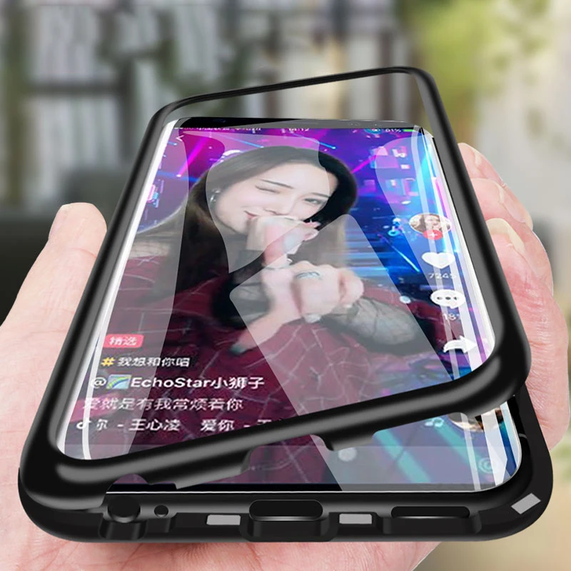 

Magnetic Adsorption Metal Case For Samsung Galaxy A7 2018 A9 M20 M30 M10 Case Tempered Glass Bumper For Samsung J6 J4 Plus Cover