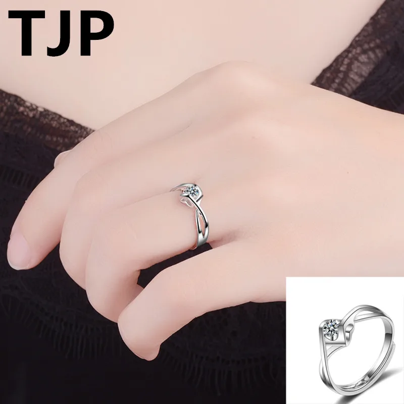 

TJP Shiny Clear Cubic Zircon Stones Female Open Rings Jewelry Pure 925 Sterling Silver Rings For Women Wedding Party Lover Gift